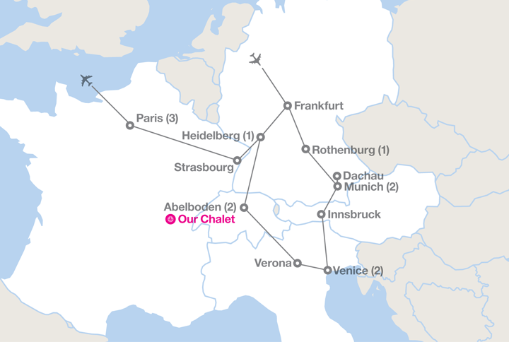 mapped route of EF girls trip to Germany, Italy, Switzerland & France