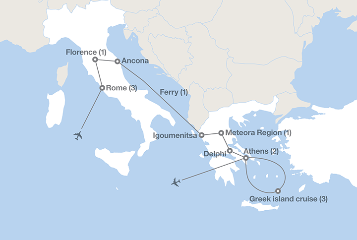mapped journey of EF girls trip to Italy and Greece